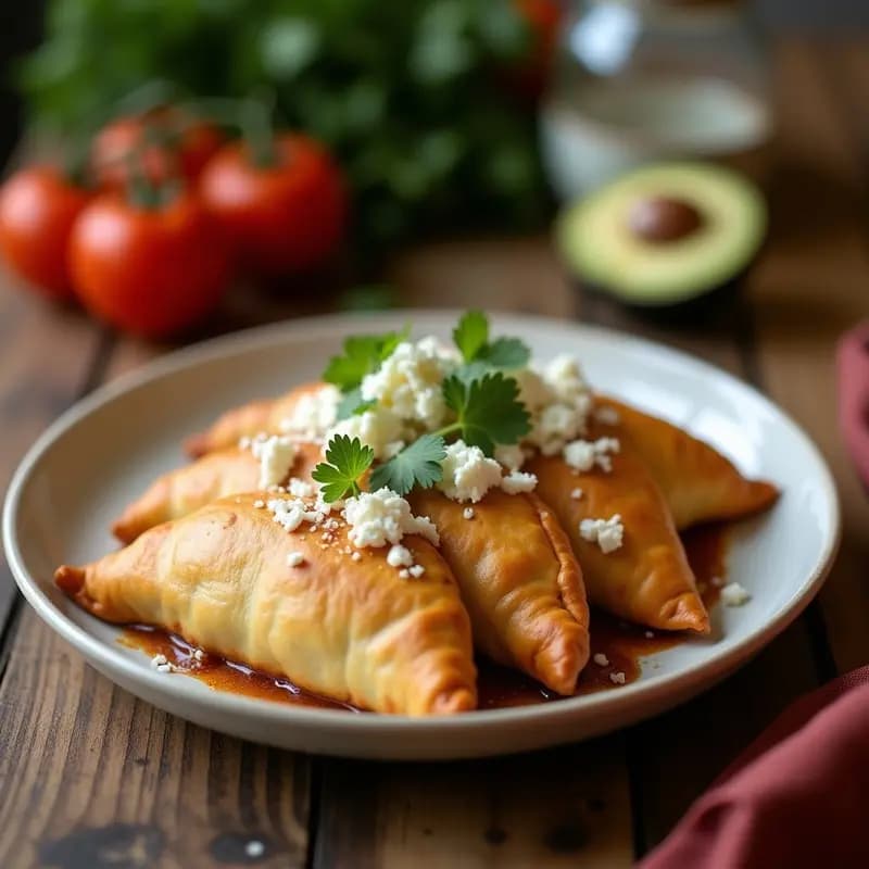 Empanadas de yuca rellena de carne de res y queso crema, doradas y crujientes, dispuestas en una bandeja de madera con hoja de plátano. Receta venezolana tradicional hecha en Thermomix.