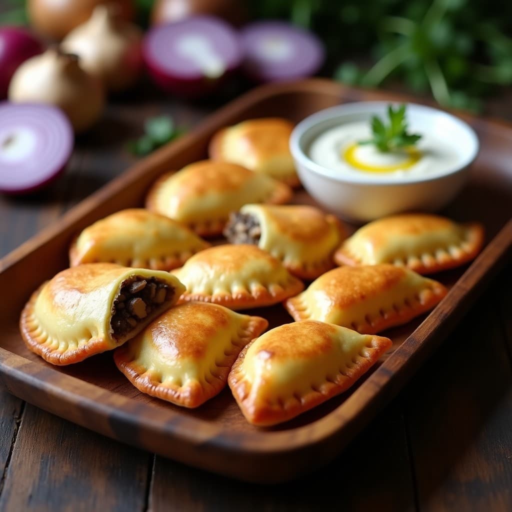 Empanadas doradas de yuca rellenas de champiñones portobello sobre una bandeja de madera rústica, acompañadas de un bol pequeño con dip cremoso de ajo negro. Decoración con hojas de cilantro fresco y rodajas de cebolla morada. Receta vegana colombiana.