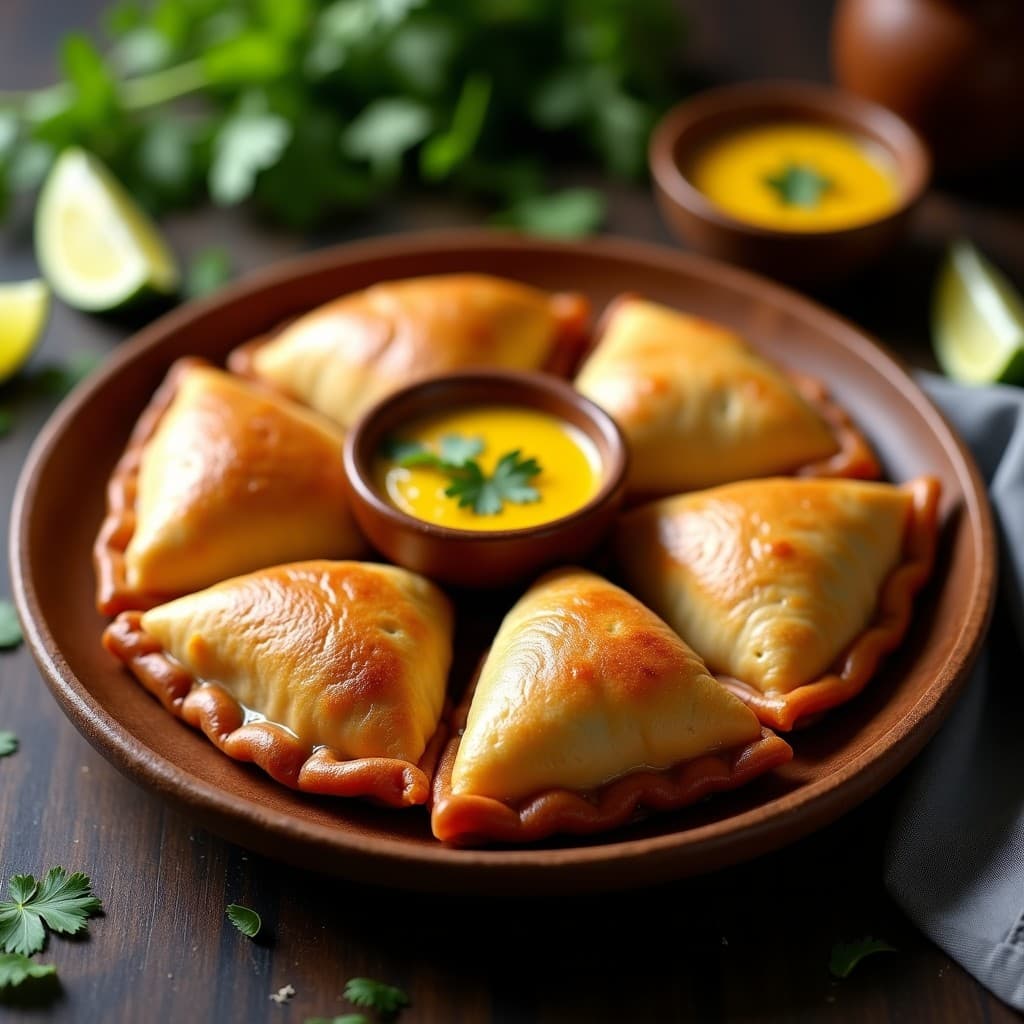 Empanadas doradas de yuca rellena de congo sobre un plato de madera rústico, acompañadas de una salsa de ají amarillo vibrante en un pequeño cuenco de cerámica. Decoración con hojas de cilantro fresco y rodajas de limón al fondo.
