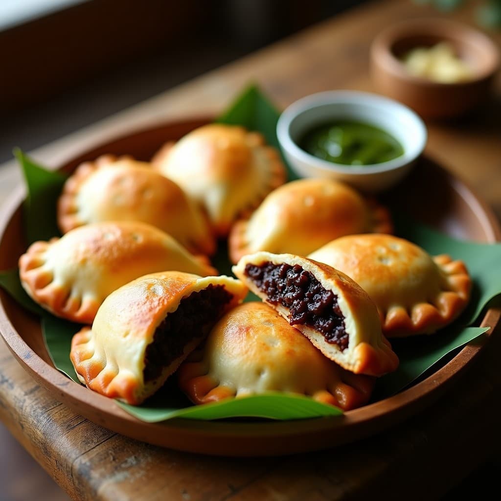 Empanadas doradas y crujientes de masa de yuca rellenas de congrí cubano, con un acabado brillante y especiado, servidas en un plato de madera rústico con hojas de plátano.