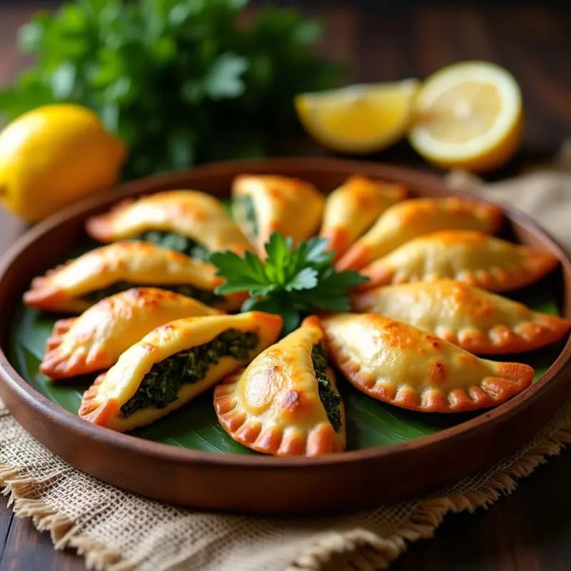 Empanadas doradas de yuca y espinacas con relleno cremoso de queso de almendras, servidas en bandeja de madera rústica con hojas de perejil fresco y rodajas de limón al lado, receta peruana vegana sin harina.