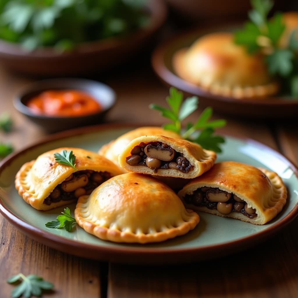 Empanadas doradas de yuca rellenas de hongos portobello y queso vegano, servidas en un plato de barro con hojas de perejil y una salsa de ají al lado. Receta colombiana en Thermomix, sin gluten y vegana.