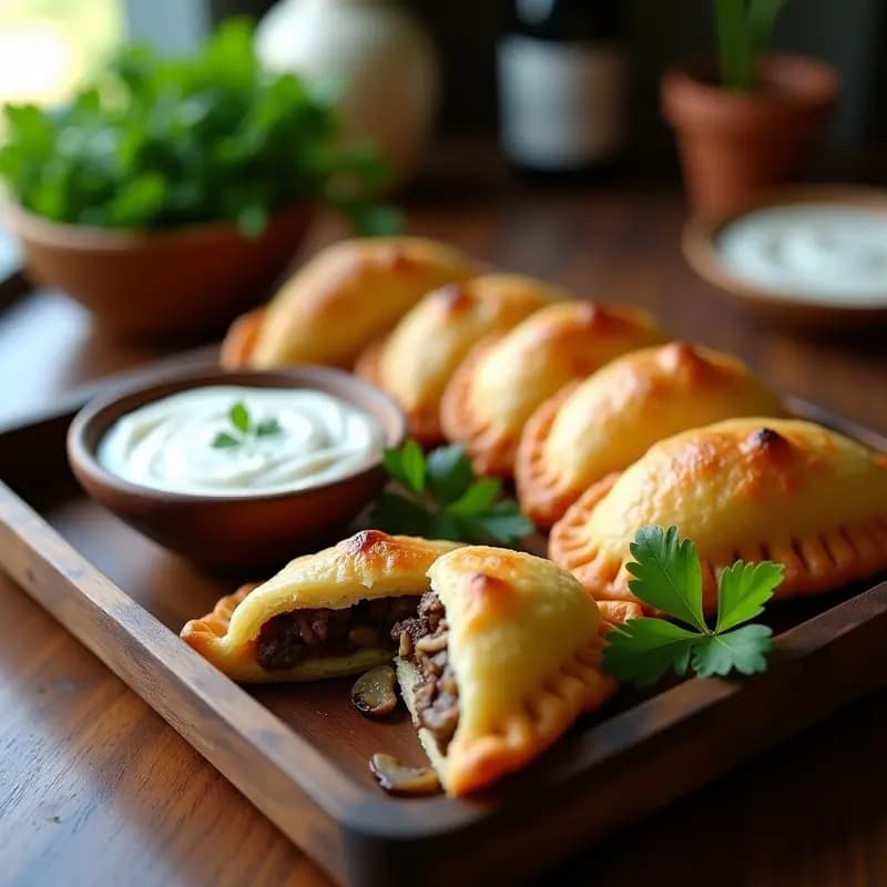 Empanadas brasileñas doradas y crujientes de masa de yuca rellenas de hongos portobello y queso de anacardos, servidas en una bandeja de madera con hierbas frescas y salsa de yogur de coco.