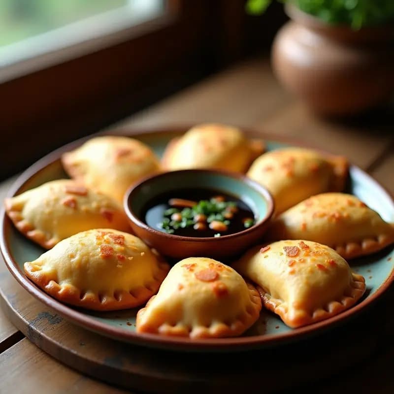 Empanadas doradas de yuca rellenas de hongos shitake, con textura crujiente y acompañadas de salsa de soja oscura. Plato servido en fuente de barro con perejil fresco espolvoreado.