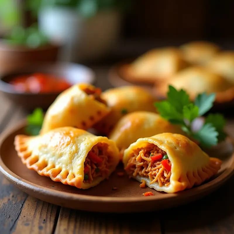 Empanadas doradas y crujientes de yuca rellenas de jackfruit desmenuzado, servidas en un plato de madera rústico con hojas de cilantro fresco y una salsa picante al lado, aperitivo colombiano vegano en airfryer.