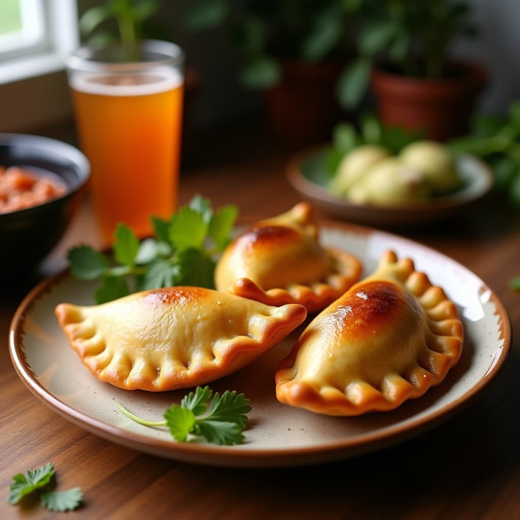 Empanadas doradas y crujientes de yuca rellenas de pabello al ají, servidas en un plato de cerámica blanca con hojas de cilantro fresco y un hilo de aceite de oliva, receta venezolana keto en airfryer.