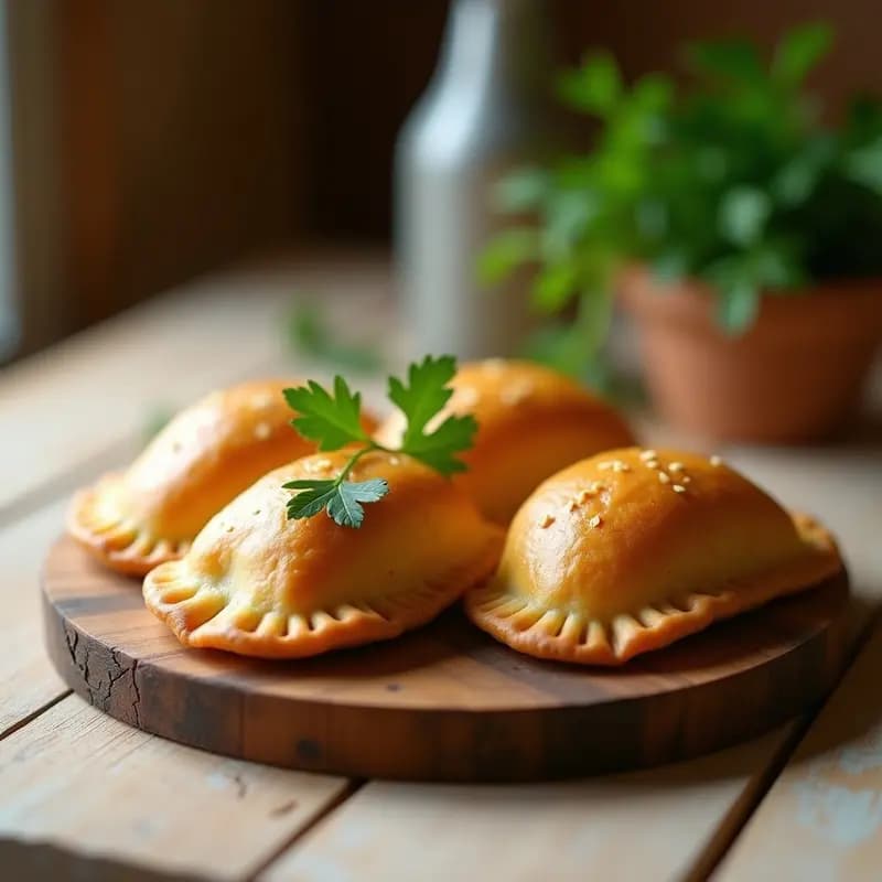 Empanadas doradas y crujientes de yuca rellenas de palmeras y queso de mandioca, servidas en una bandeja de madera con hojas de perejil fresco.