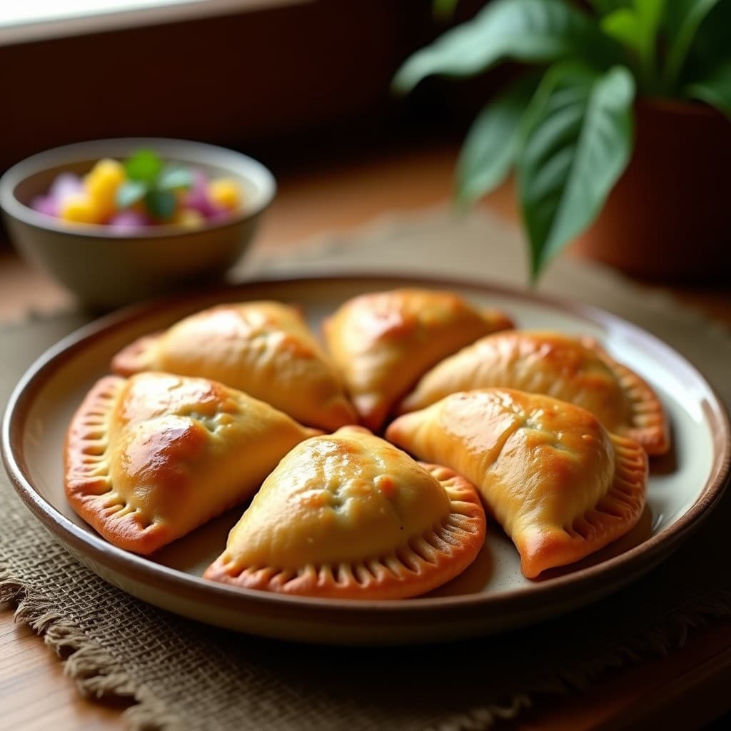 Empanadas doradas y crujientes de yuca rellenas de pollo al estilo criollo, servidas en un plato de barro con salsa criolla de cebolla morada y ají amarillo al lado. Receta peruana sin harina en airfryer.