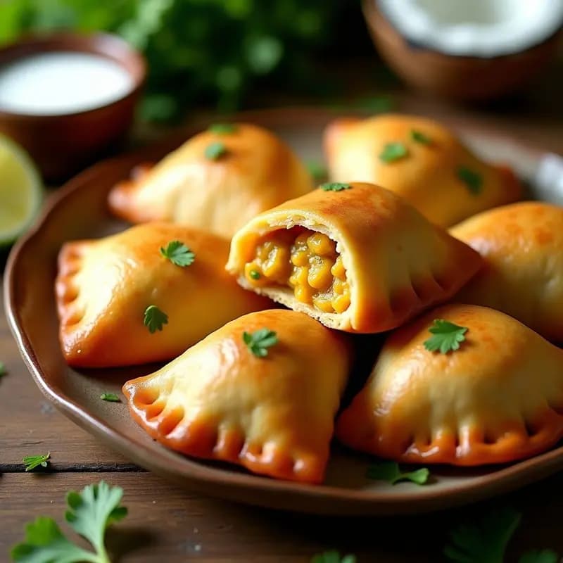 Empanadas brasileñas de yuca doradas y crujientes, rellenas de pollo al curry con leche de coco, servidas en un plato de barro rústico con hojas de cilantro fresco y una rodaja de limón al lado.