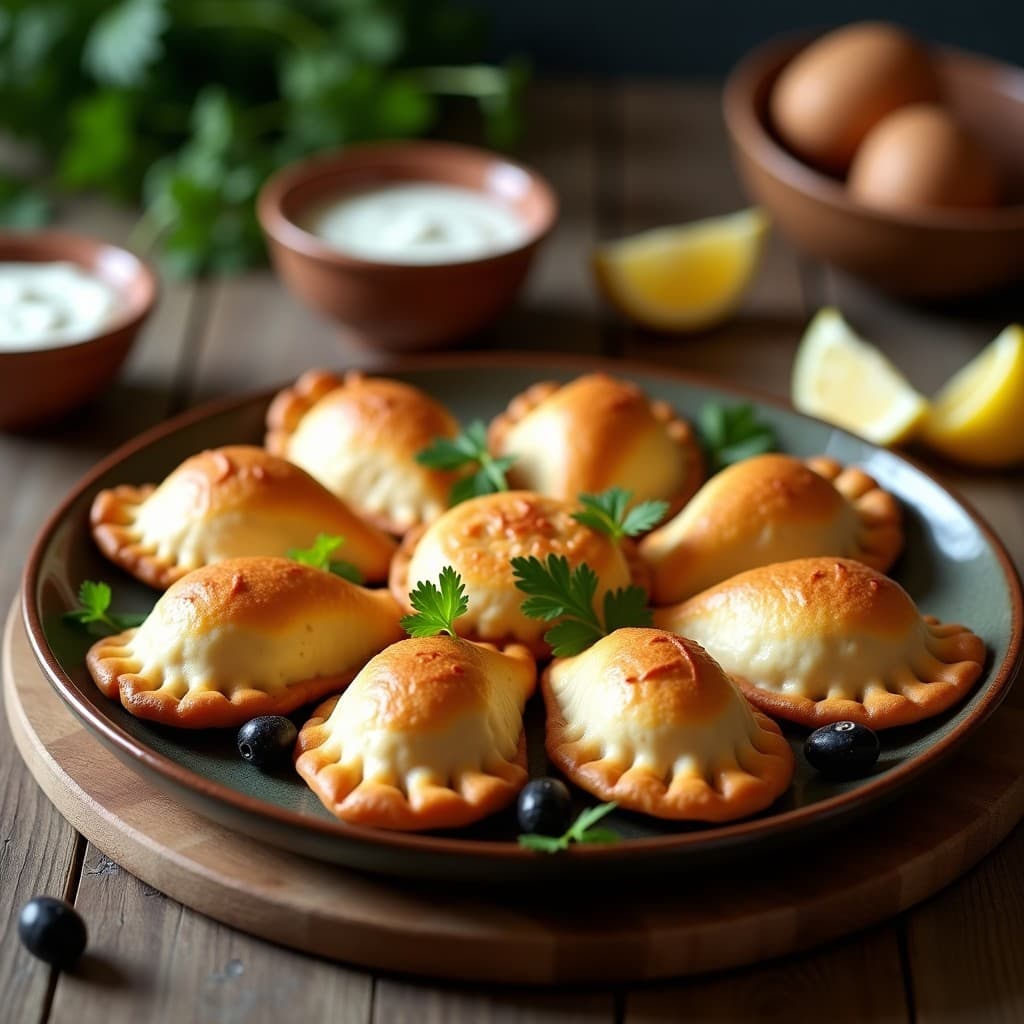 Empanadas de masa de yuca doradas y crujientes rellenas de pulpo y aceitunas taggiasche, servidas en plato rústico de barro con decoración de perejil fresco y limón, receta española-galleta en airfryer.