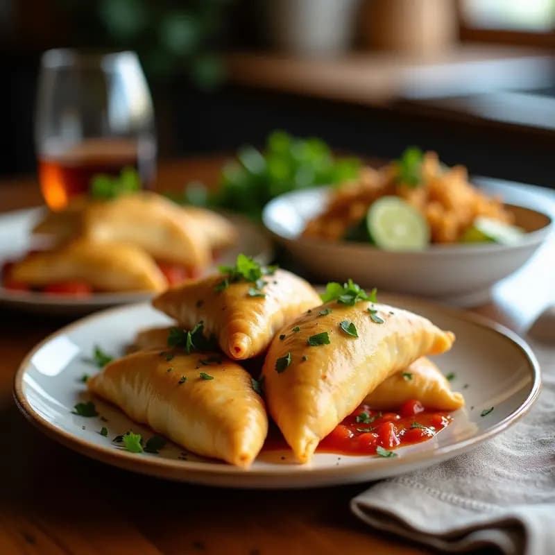 Empanadas doradas de yuca rellenas de pulpo y pimentón de la Vera, servidas en una bandeja de madera rústica con hierbas frescas y un cuenco pequeño de salsa de yogur con pimentón al lado. Receta sin gluten y gourmet.