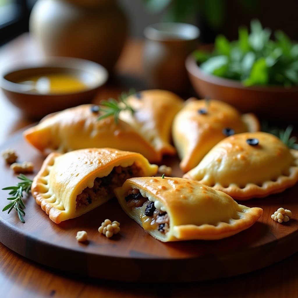 Empanadas doradas de yuca con relleno cremoso de queso blue y cebolla morada, servidas en bandeja de madera rústica con hojas de tomillo fresco y nueces picadas alrededor. Receta argentina gourmet.