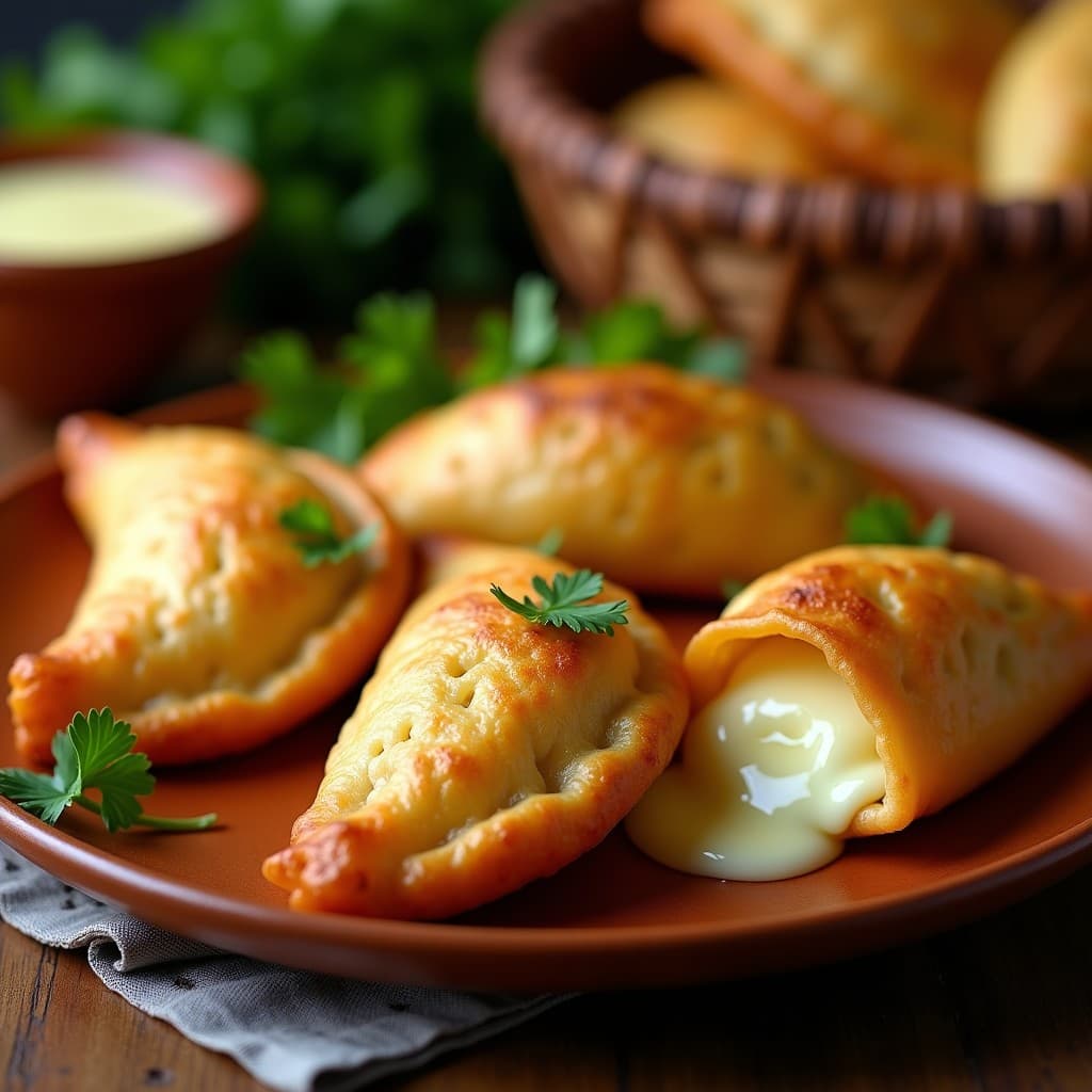 Empanadas doradas y crujientes de yuca rellenas de queso de búfala fundido, servidas en un plato de barro con cilantro fresco. Receta colombiana tradicional preparada en airfryer.