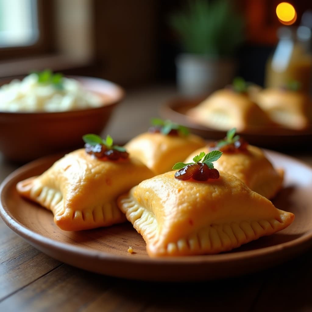 Empanadas doradas y crujientes de yuca rellenas de queso de cabra y mermelada de cebolla caramelizada, servidas en un plato de madera rústico con un poco de mermelada extra por encima. Receta venezolana en airfryer.