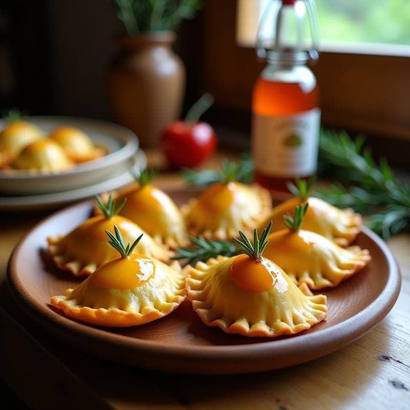 Empanadas doradas y crujientes de yuca rellenas de queso de cabra, con cebolla morada y miel de uva, servidas en un plato de madera rústico con un hilo de miel brillante por encima y hojas de romero fresco como decoración. Receta uruguaya en airfryer.