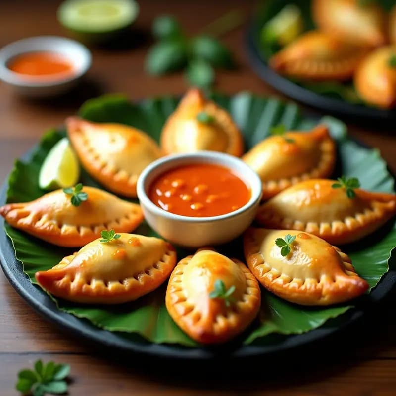 Empanadas de yuca doradas y crujientes rellenas de queso de hebra derretido, servidas en un plato negro con salsa de guayaba brillante y un fondo de hojas de plátano para un toque tropical.