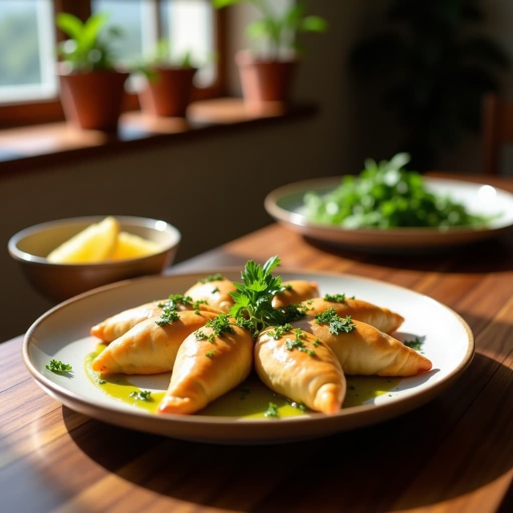 Empanadas doradas y crujientes de yuca rellenas de queso de mandioca, servidas en un plato de madera con salsa chimichurri verde fresca y hierbas aromáticas al lado. Receta colombiana sin trigo.
