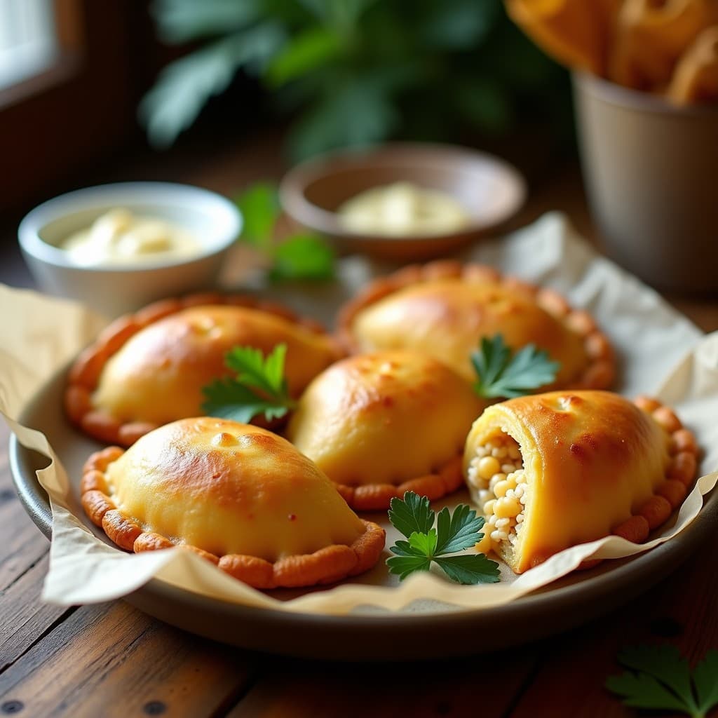 Empanadas doradas y crujientes de yuca rellenas de queso de soja y garbanzos, horneadas sobre papel vegetal con hojas de perejil fresco como decoración.