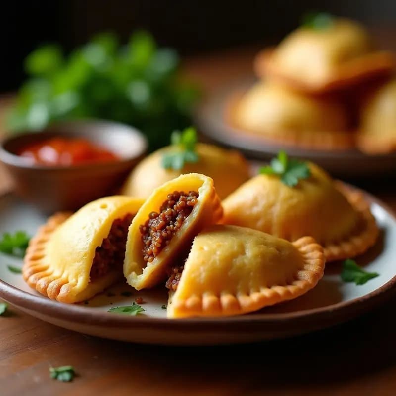 Empanadas de yuca rellenas de carimañola colombiana doradas y crujientes, servidas en un plato de barro con cilantro fresco y salsa de ají al lado. Receta sin trigo y alta en carbohidratos.