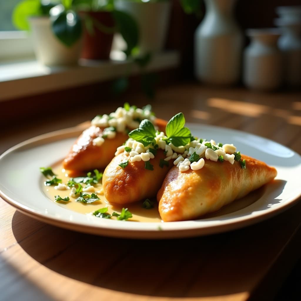 Empanadas doradas y crujientes de masa de yuca rellenas de hongos shiitake y queso de cabra, servidas en un plato de madera con perejil fresco y salsa de yogur al lado. Receta sin gluten y gourmet.