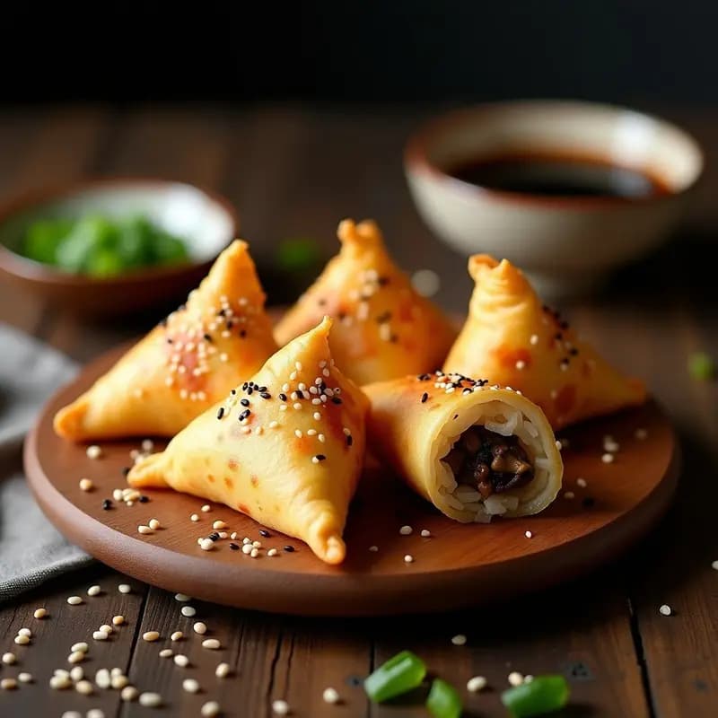 Empanadillas doradas de algas nori rellenas de arroz y champiñones, servidas en una tabla de madera con semillas de sésamo y cebollino fresco, snack japonés crujiente hecho en airfryer.