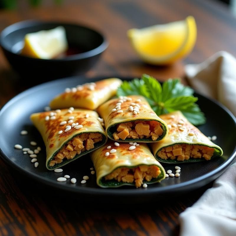 Empanadillas doradas de algas nori rellenas de tempeh, con semillas de sésamo tostadas por encima, servidas en un plato de cerámica negra con fondo de madera rústica y una rodaja de limón al lado.