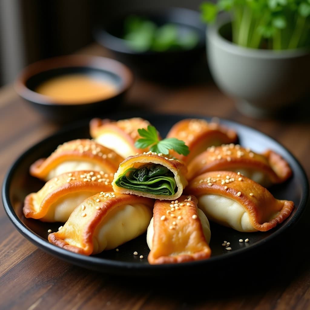 Empanadillas doradas de masa de almendra rellenas de bok choy y jengibre, servidas en un plato de cerámica negra con semillas de sésamo espolvoreadas, receta china sin gluten.