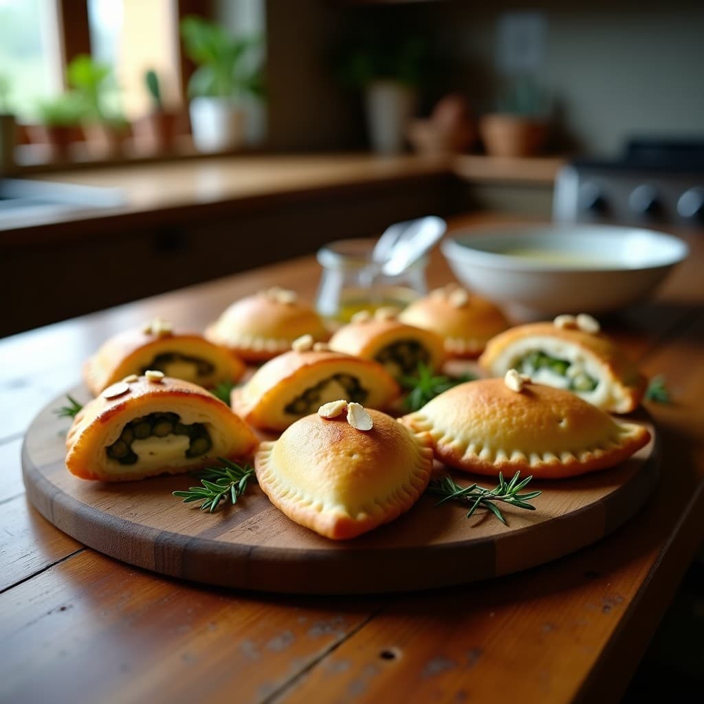 Empanadillas de masa de almendra doradas y crujientes, rellenas de espárragos trigueros y gorgonzola, dispuestas en una bandeja de madera con hierbas frescas. Receta italiana sin gluten.