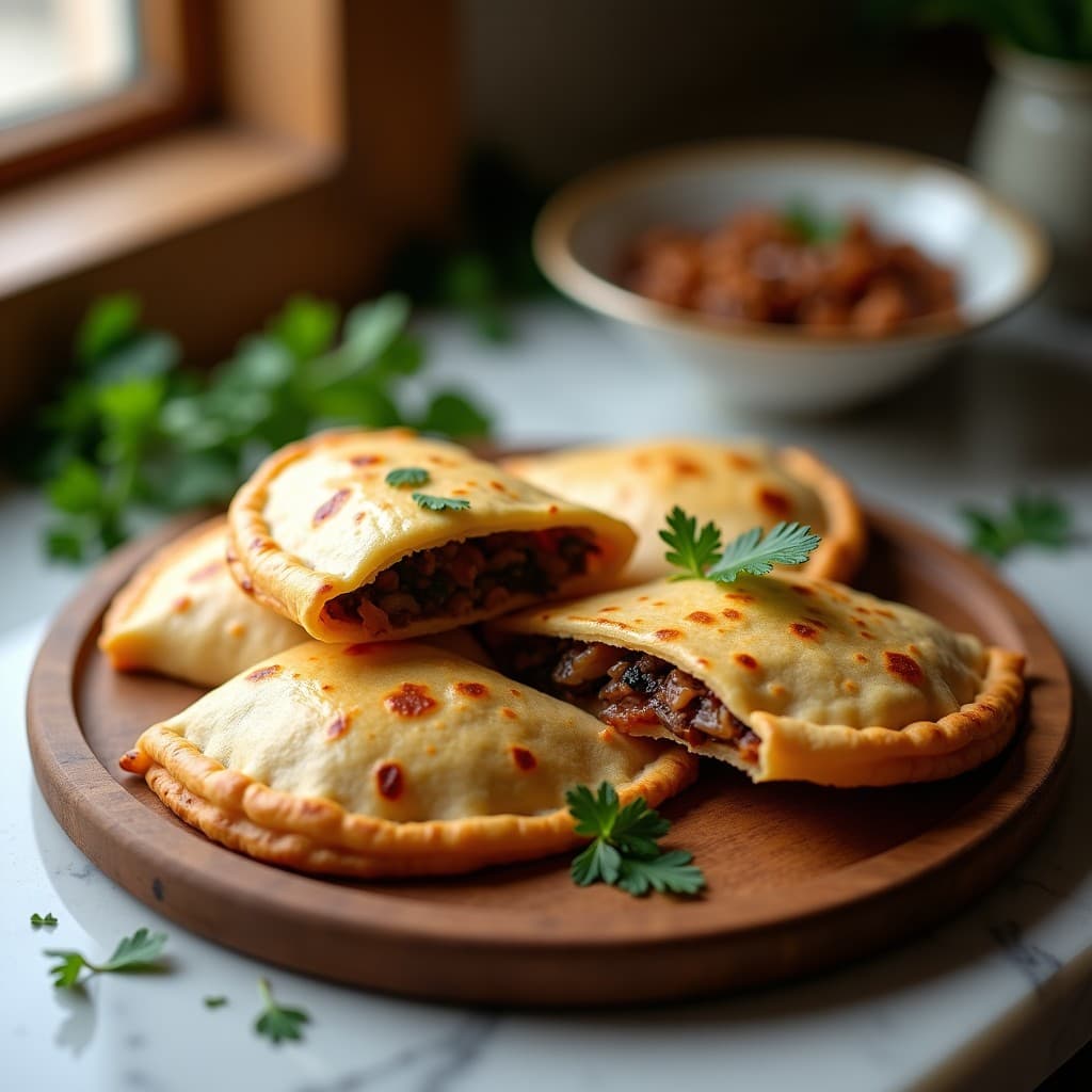 Empanadillas doradas y crujientes de masa de almendra rellenas de hongos shiitake y cebolla morada, dispuestas en una bandeja de madera rústica con semillas de sésamo negro. Receta vegana y elegante para aperitivos.
