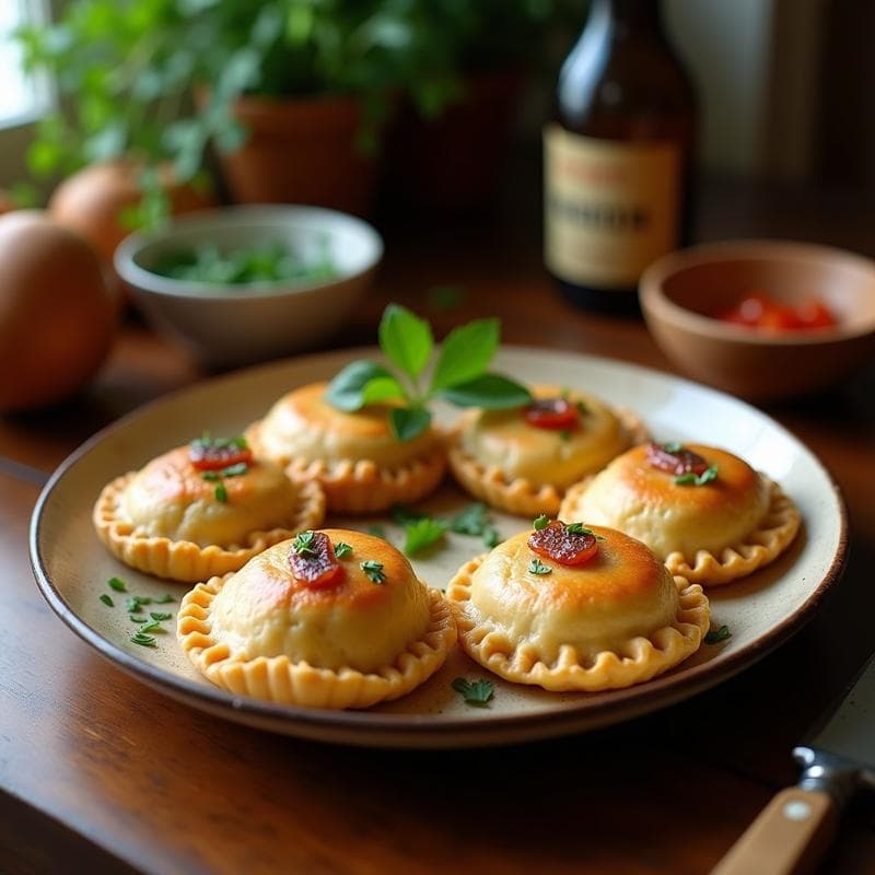 Empanadillas doradas y crujientes de masa de almendra rellenas de pimiento del Padrón y anchoas, servidas en un plato rústico de cerámica con decoración de perejil fresco y filetes de anchoa, receta keto en airfryer.