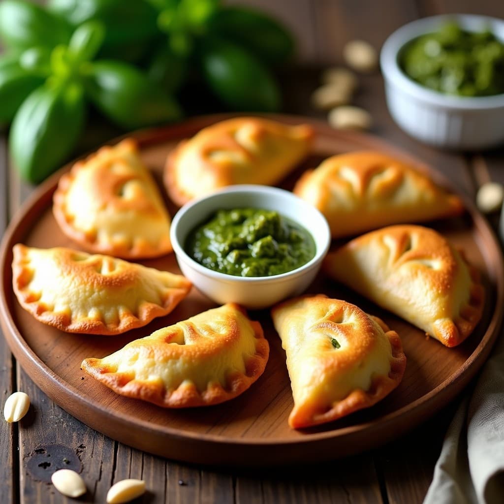 Empanadillas doradas y crujientes de harina de almendra rellenas de pollo al pesto, servidas en una fuente de madera rústica con hojas de albahaca fresca y un bol pequeño de pesto adicional. Receta keto en airfryer.