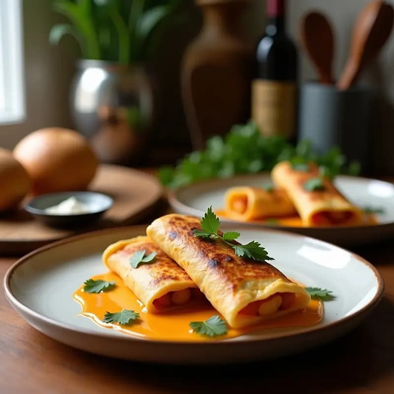 Empanadillas doradas y crujientes de anyo y queso de cabra en airfryer, servidas en plato de madera rústico con salsa de higuereta en cuenco pequeño de barro. Fondo con hojas de anyo fresco y higos chumbos abiertos.