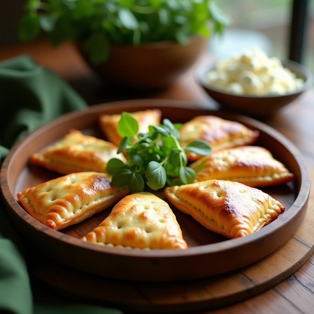 Empanadillas doradas y crujientes de masa de arroz rellenas de berros y queso de cabra, dispuestas en una bandeja de madera rústica con hierbas frescas al lado. Receta sin gluten.