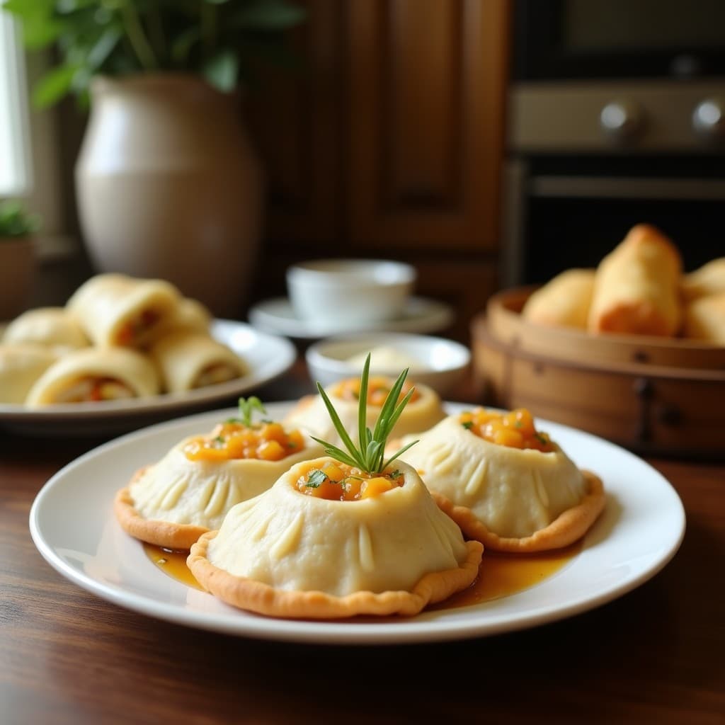 Empanadillas doradas y crujientes de masa de arroz rellenas de pollo al vapor y bambú, dispuestas en un plato de madera con hojas de cilantro, receta china en airfryer sin gluten.