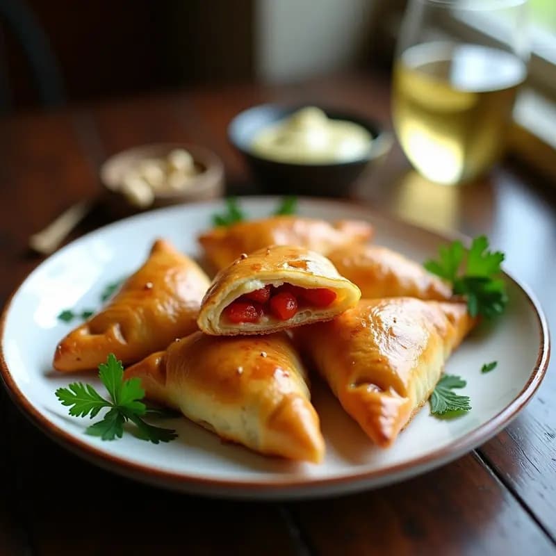 Empanadillas doradas y crujientes de atún y pimiento del piquillo dispuestas en un plato de cerámica blanca, con un fondo rústico de madera y hierbas frescas. Tapas españolas tradicionales fáciles y rápidas.