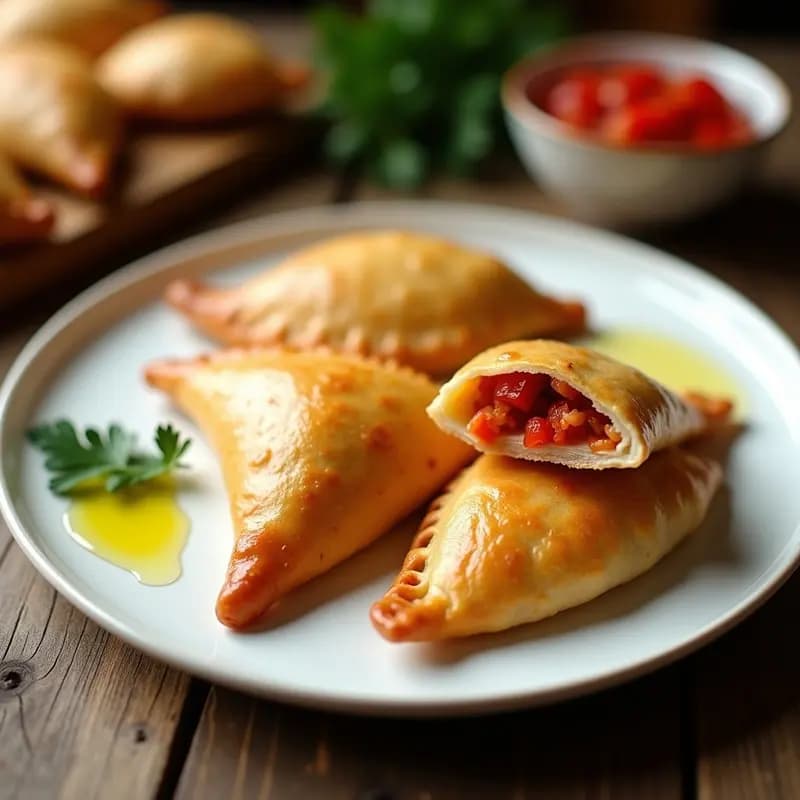 Empanadillas de atún y pimiento doradas y crujientes sobre un plato de cerámica blanca, con relleno visible en el corte, acompañadas de perejil fresco y aceite de oliva virgen extra.