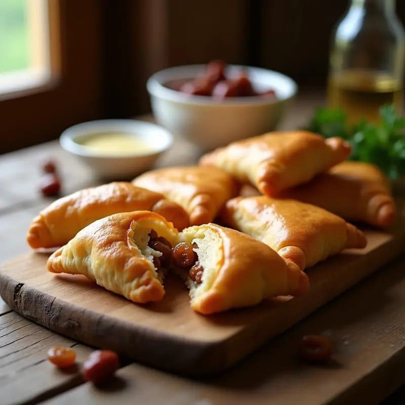 Empanadillas doradas y crujientes de bacalao y pasas sobre una bandeja de madera rústica, con relleno visible en el corte y acompañadas de una salsa blanca. Receta tradicional murciana de vigilia.
