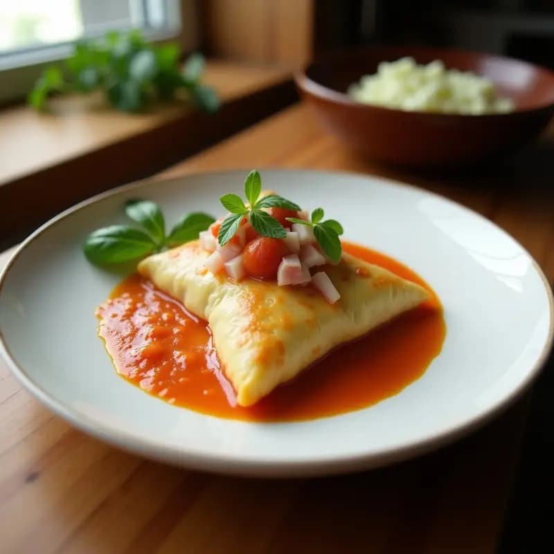 Empanadillas doradas y crujientes rellenas de bacalao desmenuzado y pisto de berenjena, calabacín y pimiento rojo, servidas en un plato de madera rústico con un fondo de cocina tradicional gallega.