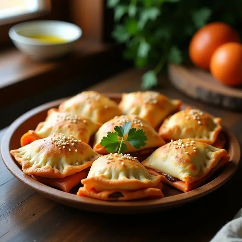 Empanadillas doradas de batata y champiñones con masa de harina de garbanzo, servidas en un plato de madera con semillas de sésamo espolvoreadas. Receta vegana en olla exprés.