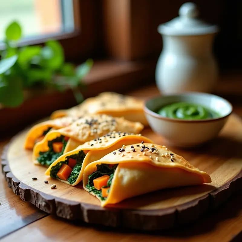 Empanadillas doradas y crujientes de hoja de filo rellenas de batata naranja y espinacas, espolvoreadas con semillas de sésamo, servidas en una fuente de madera con pesto verde al lado.