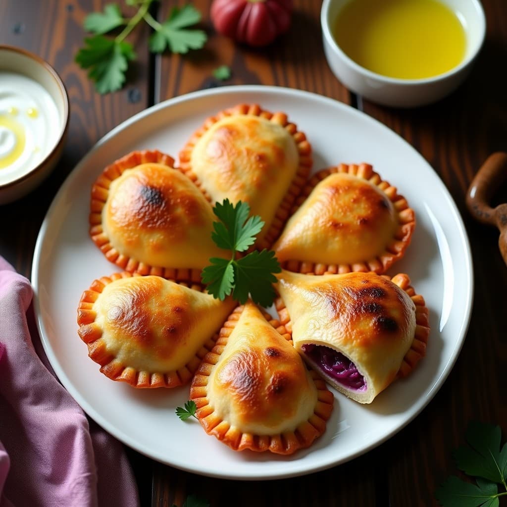Empanadillas doradas y crujientes de batata morada y chongos zamoranos con masa de trigo sarraceno, dispuestas en un plato de cerámica blanca con hojas de cilantro fresco y salsa de yogur al lado. Receta peruana sin gluten.