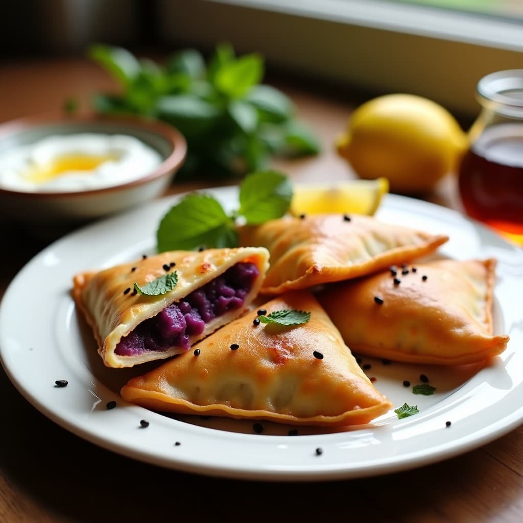 Empanadillas doradas y crujientes de batata morada y queso feta en airfryer, con semillas de sésamo negro, servidas en una fuente de cerámica blanca con hierbas frescas y salsa de yogur griego al fondo.