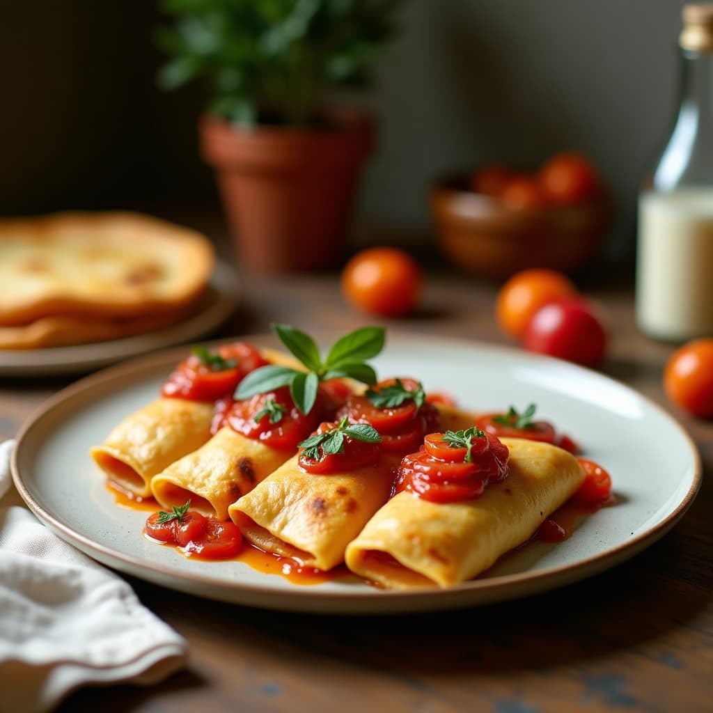 Empanadillas doradas y crujientes de batata morada y queso vegano con mermelada de arándanos, servidas en un plato de cerámica blanca con hojas de huacatay fresco y un hilo de mermelada decorando el borde, fondo de cocina rústica peruana.