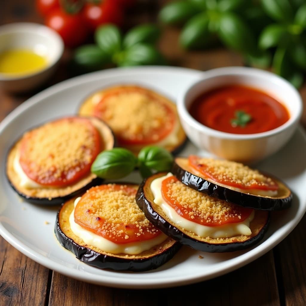 Empanadillas doradas y crujientes de berenjena asada rellenas de ricotta, servidas en un plato de cerámica blanca con salsa de tomate casero al lado. Decoradas con hojas de albahaca fresca y virutas de parmesano.