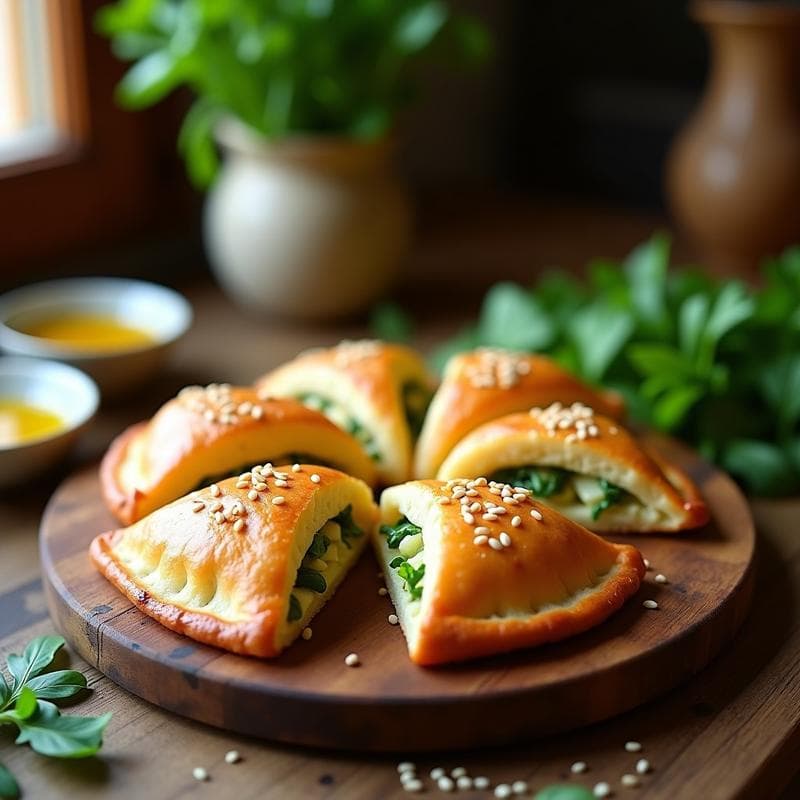 Empanadillas doradas y crujientes de berros y queso de oveja, dispuestas en una bandeja de madera rústica con hierbas frescas alrededor. Receta tradicional aragonesa hecha en Thermomix sin amasar.