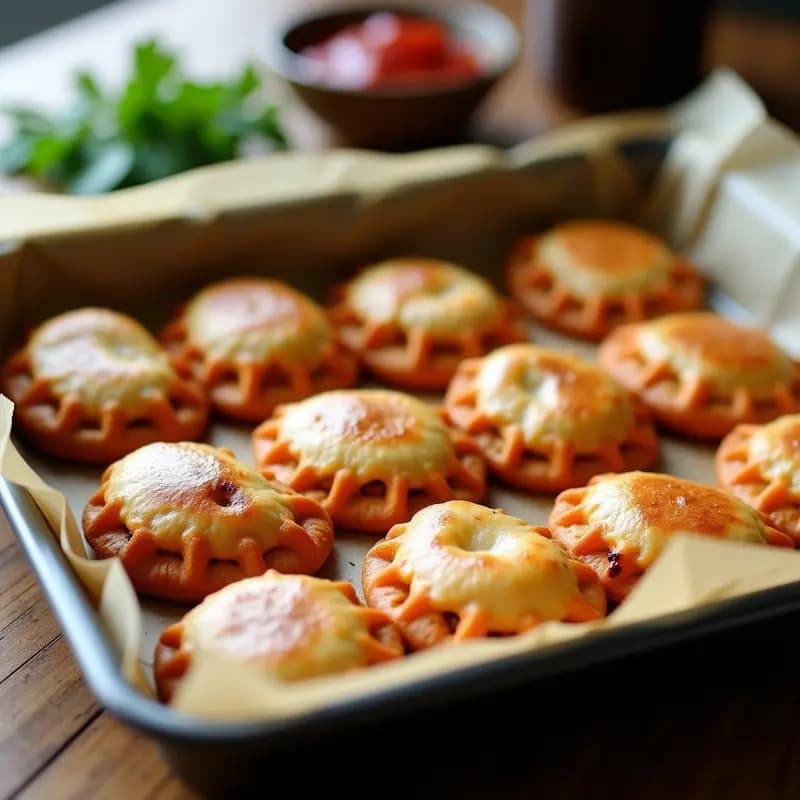 Bandja de horno con empanadillas de boniato y chorizo vegano sin gluten, doradas y crujientes, dispuestas sobre papel vegetal. Se aprecian los bordes bien sellados y el relleno jugoso. Receta ideal para tupper.
