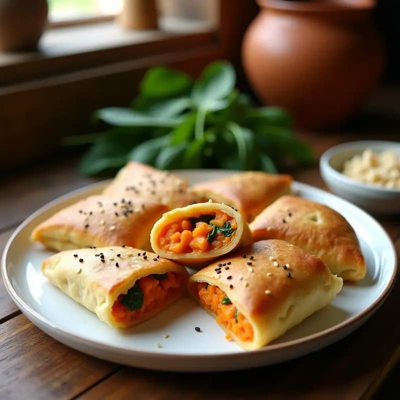 Empanadillas doradas de boniato y espinacas con masa de arroz, servidas en un plato de cerámica blanca sobre fondo rústico de madera. Visibles las semillas de sésamo en la superficie y el relleno cremoso al cortar una por la mitad. Receta sin gluten y vegana hecha en olla express.