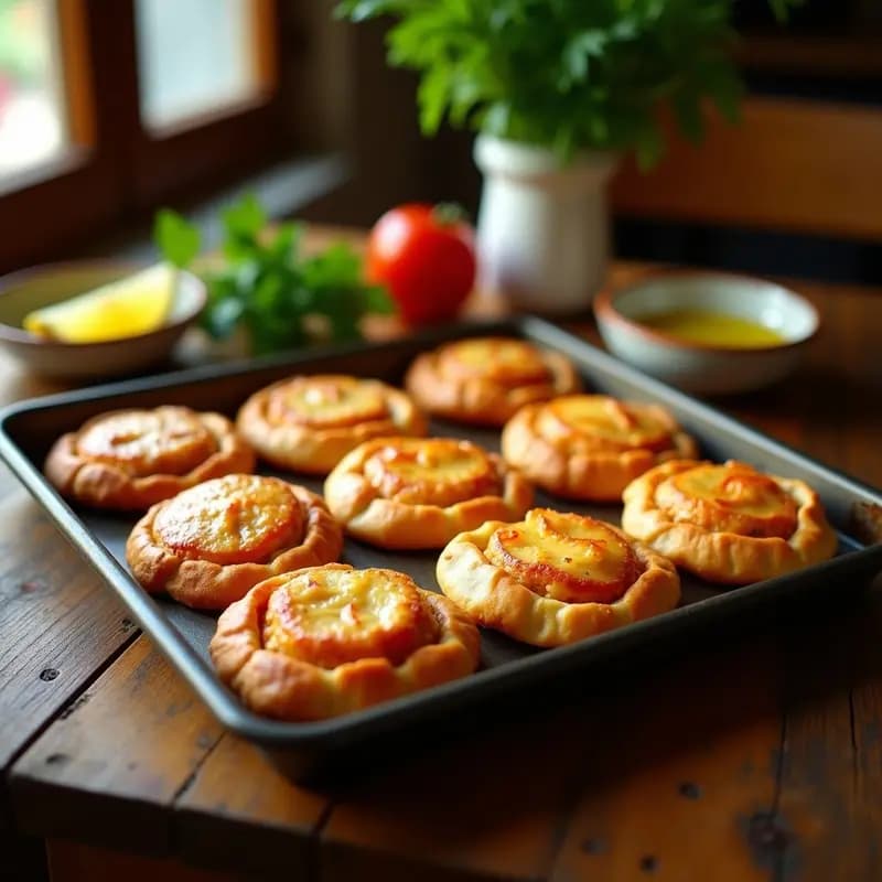 Bandeja de empanadillas murcianas de bonito y pimiento asado doradas, con bordes bien sellados y textura crujiente, servidas sobre papel de horno rústico.