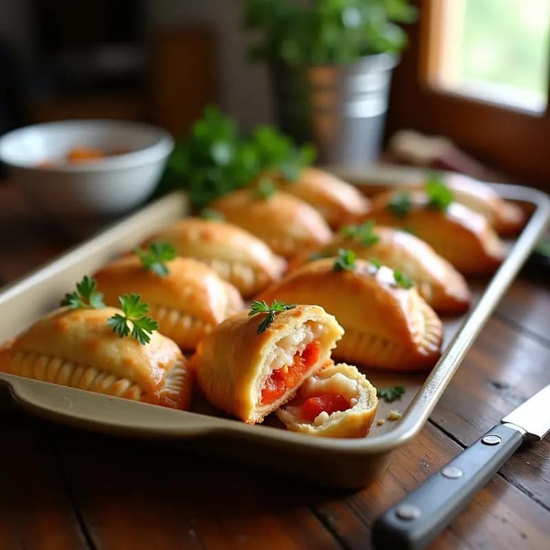 Bandeja de empanadillas gallegas doradas y crujientes rellenas de bonito y pimiento asado, servidas sobre papel de horno con perejil fresco espolvoreado.