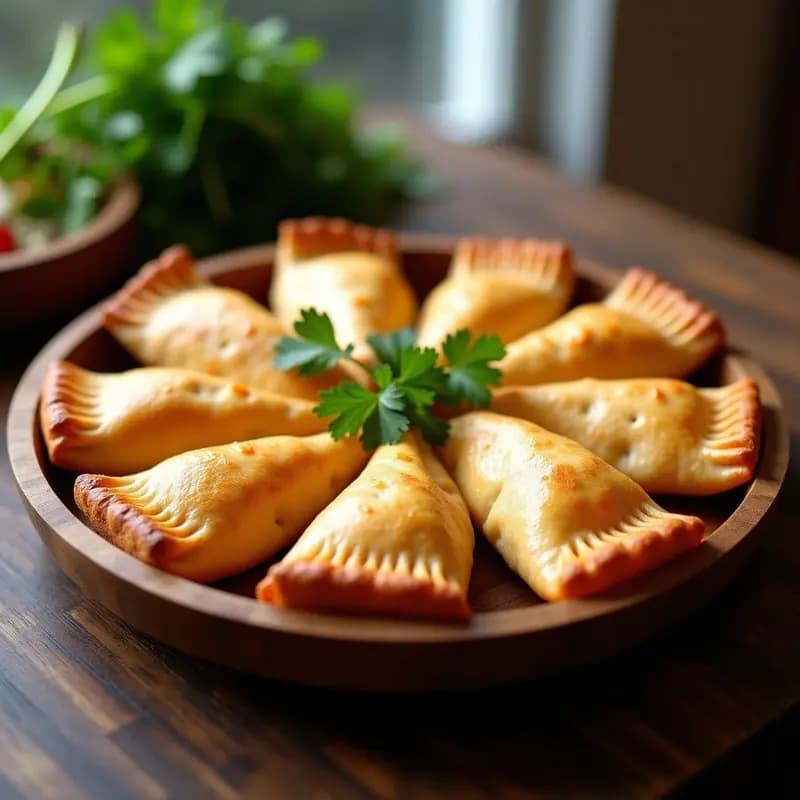 Empanadillas doradas y crujientes rellenas de bonito y pimiento choricero, servidas en un plato de madera rústico con un fondo de cocina tradicional vasca.